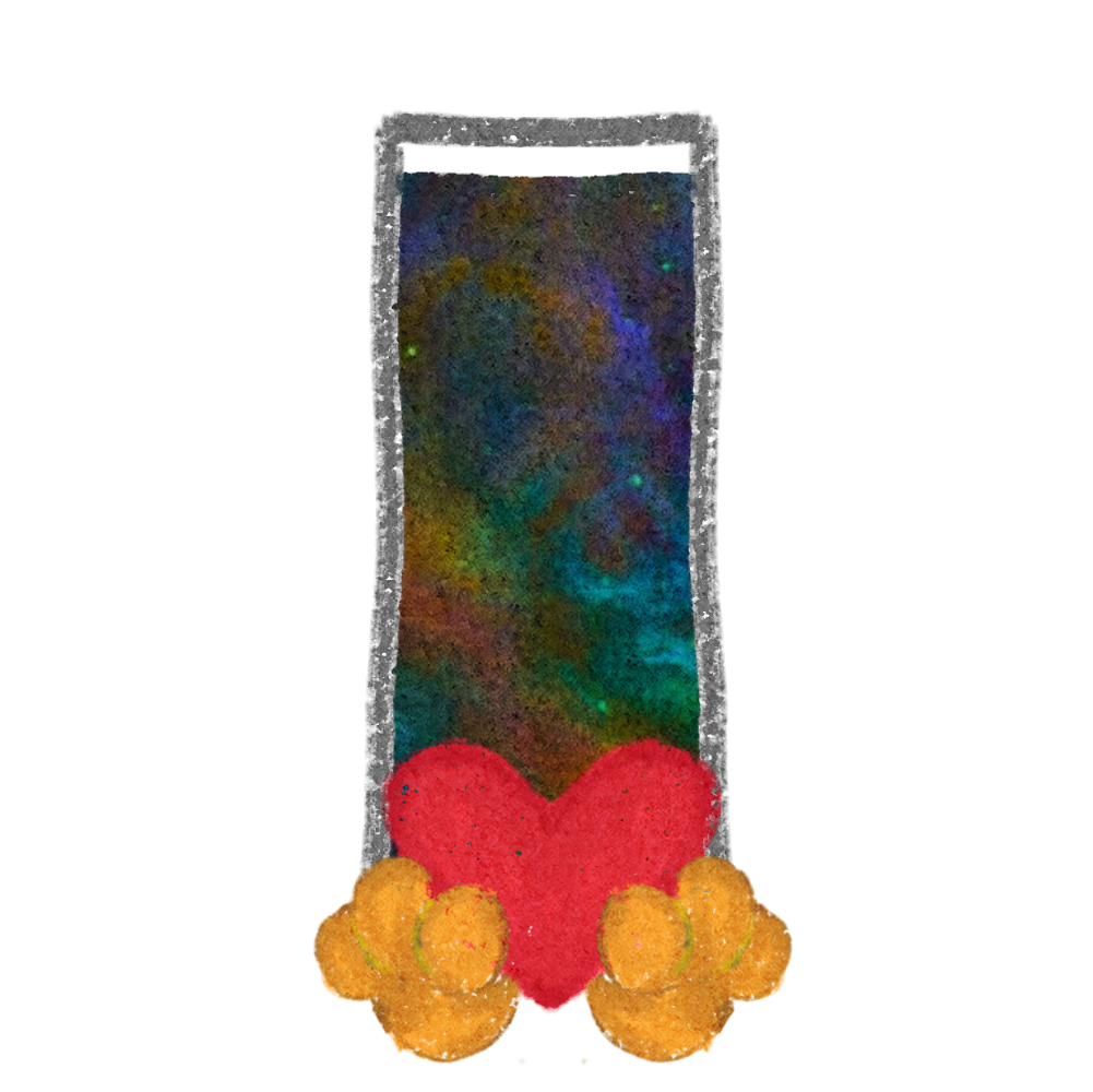 A grey bar that's very full with a galaxy rainbow, at the bottom there's two yellow paws holding a pink heart.